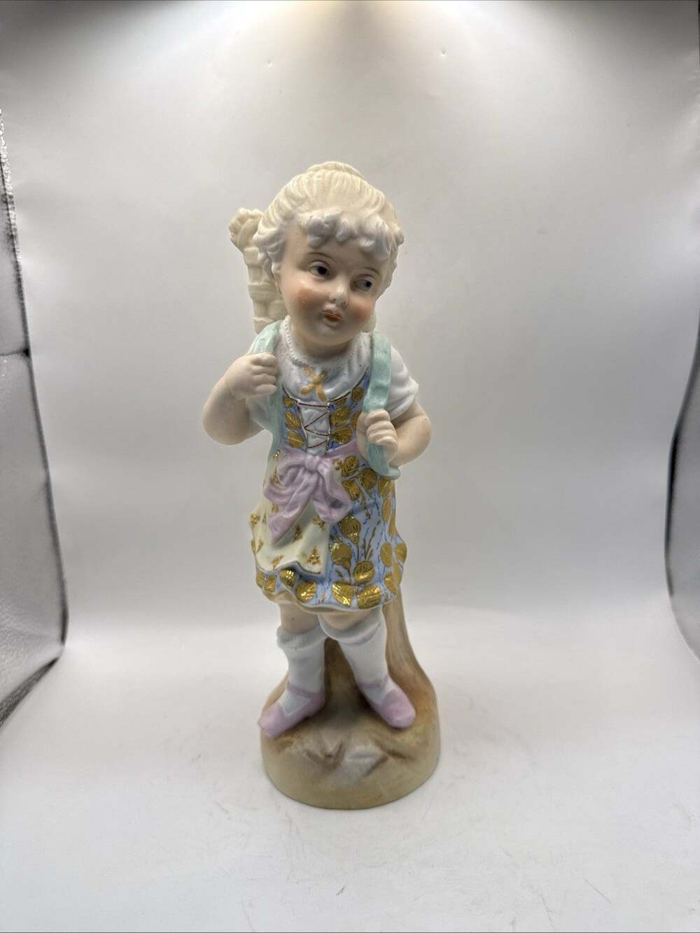 Vintage Bisque Porcelain Girl Figurine Hand Painted Gold Floral 11” *